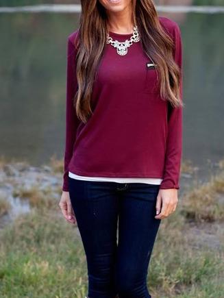Shein Burgundy Round Neck Zipper Pocket T-shirt