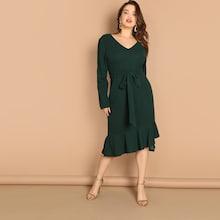Shein Plus Double V-neckline Ruffle Hem Belted Dress
