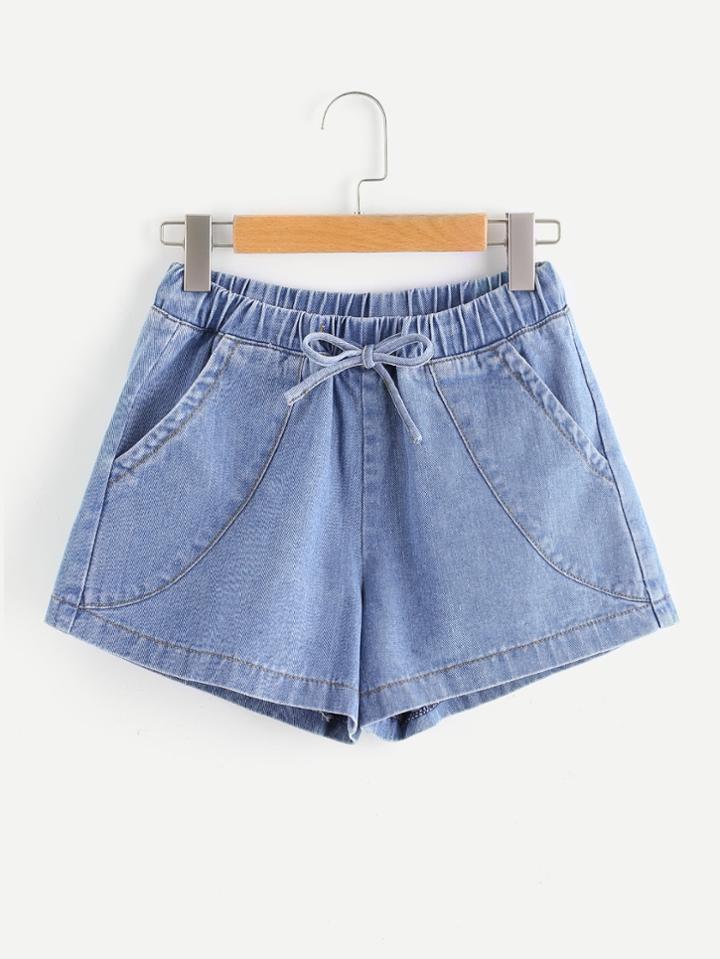 Shein Light Wash Tie Waist Denim Shorts