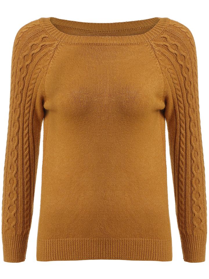 Shein Khaki Round Neck Cable Knit Slim Sweater