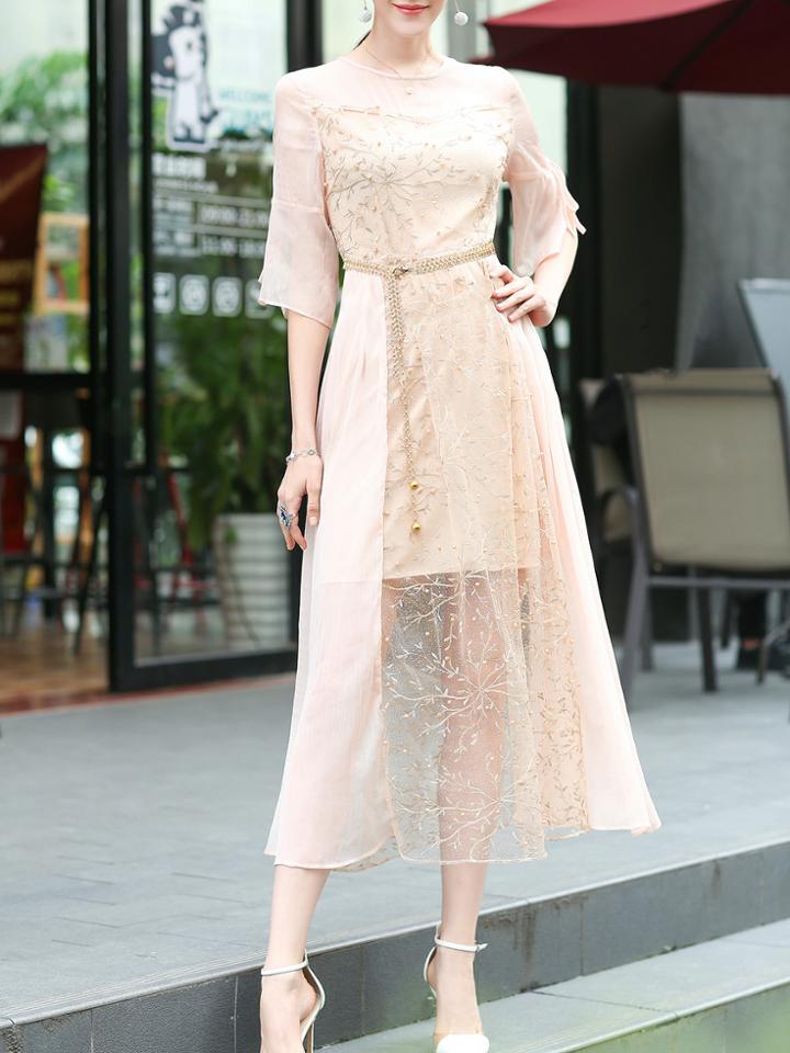Shein Gauze Beading Sheer Combo Dress