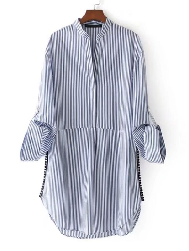 Shein Pom Pom Detail Vertical Striped Shirt Dress