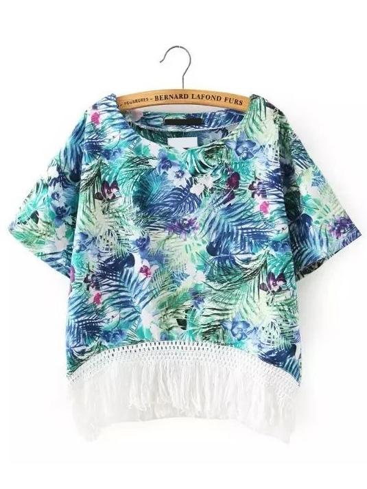 Shein Green Tropical Print Tassel Hem Blouse