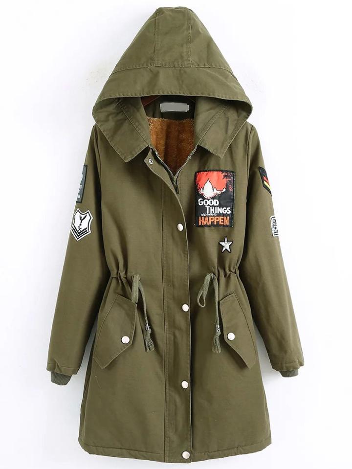 Shein Army Green Patch Detail Drawstring Waist Hooded Coat