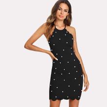 Shein Pearl Beading Scalloped Halter Dress