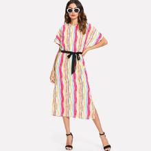Shein Batwing Sleeve Side Slit Belted Striped Dress