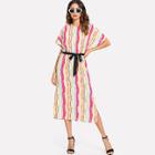Shein Batwing Sleeve Side Slit Belted Striped Dress