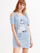Shein Blue Girl Print Open Shoulder Sequin Frayed Denim Dress