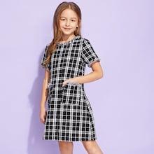 Shein Girls Frayed Trim Plaid Tweed Dress