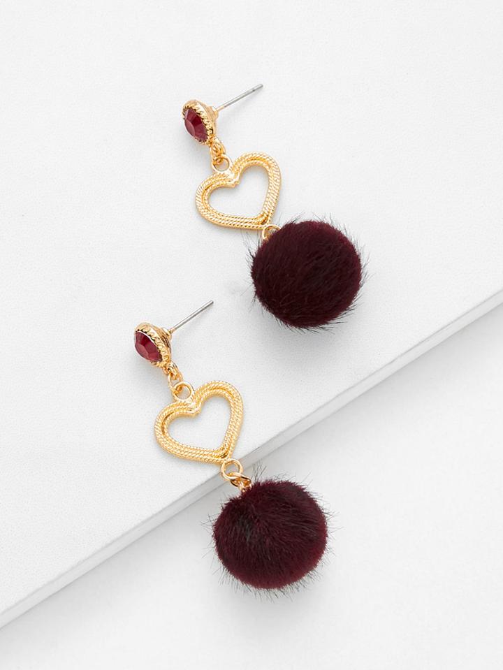 Shein Hollow Heart & Pom Pom Design Drop Earrings