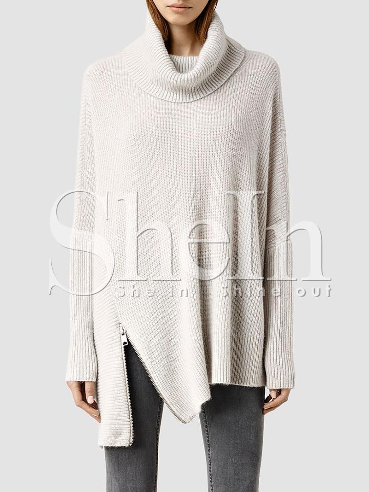 Shein Beige Turtleneck Asymmetric Side Zip Slouchy Sweater