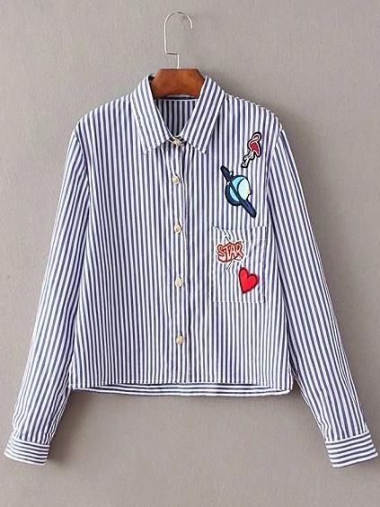 Shein Blue And White Lapel Stripe Applique Blouse