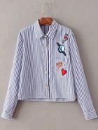 Shein Blue And White Lapel Stripe Applique Blouse