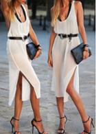 Rosewe Chiffon White Side Slit Scoop Neck Dress