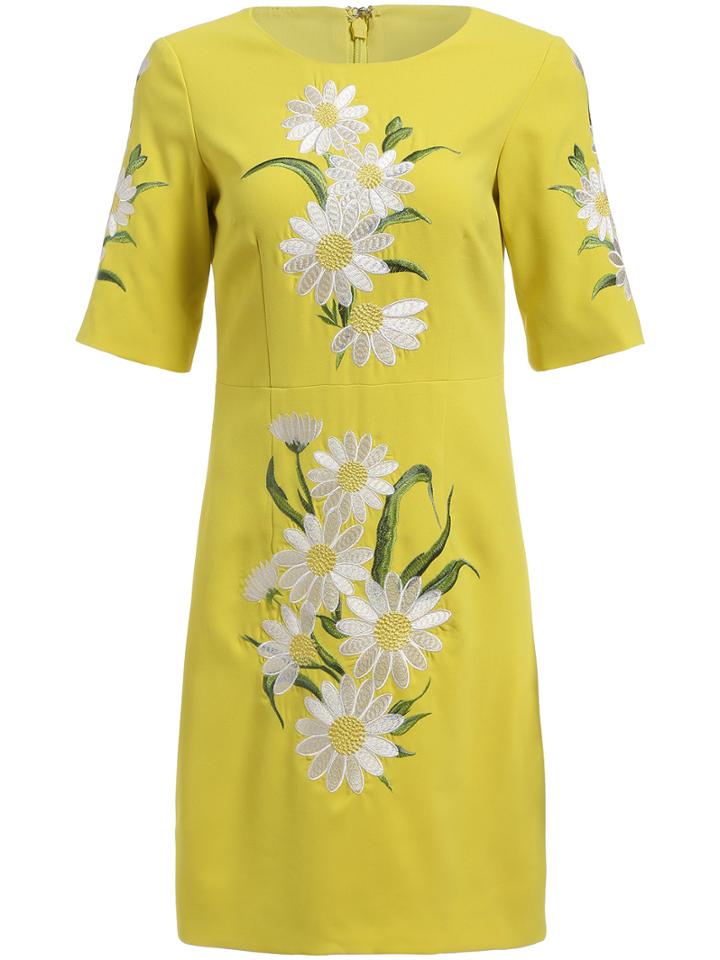 Shein Yellow Round Neck Short Sleeve Embroidered Drss