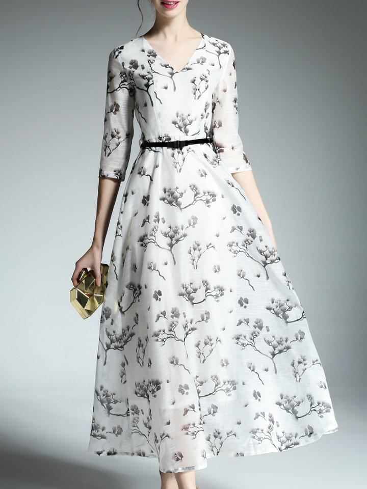 Shein White V Neck Belted A-line Maxi Dress