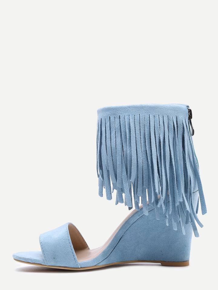 Shein Faux Suede Wide Strap Fringe Ankle Sandals - Light Blue