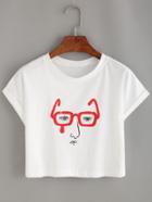 Shein Glasses Man Print Crop T-shirt - White