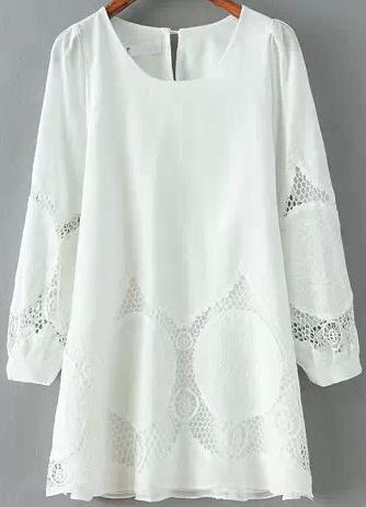 Shein White Round Neck Hollow Lace Loose Dress