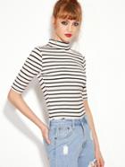 Shein Black White Striped High Neck Slim T-shirt