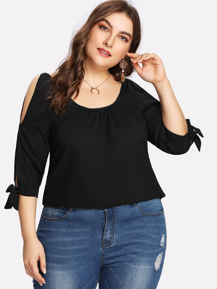 Shein Open Shoulder Knotted Detail Top