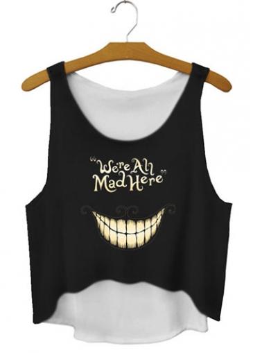 Rosewe Letter Print Round Neck Black Tank Top