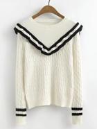 Shein Contrast Striped Ruffle Trim Cable Knit Sweater