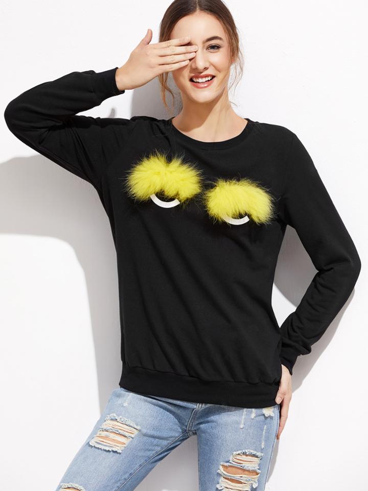 Shein Black Feather Eye Embellished Sweatshirt