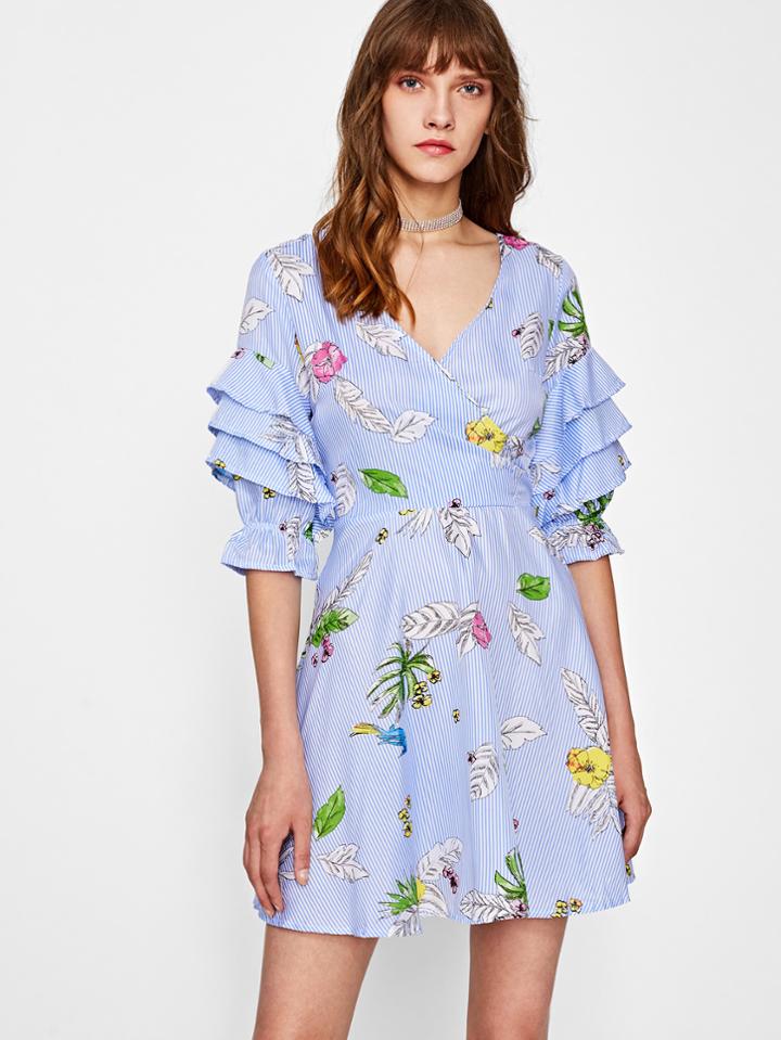 Shein Layered Sleeve Overlap Front Mixed Print Dress