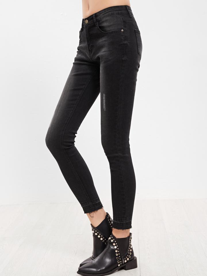 Shein Black Bleached Wash Raw Hem Skinny Jeans