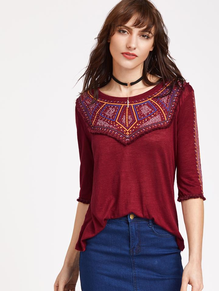 Shein Burgundy Vintage Print Fringe Trim T-shirt