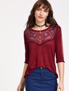 Shein Burgundy Vintage Print Fringe Trim T-shirt
