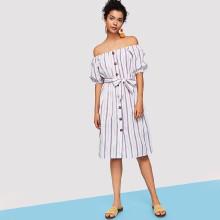 Shein Button Through Puff Sleeve Belted Striped Dress