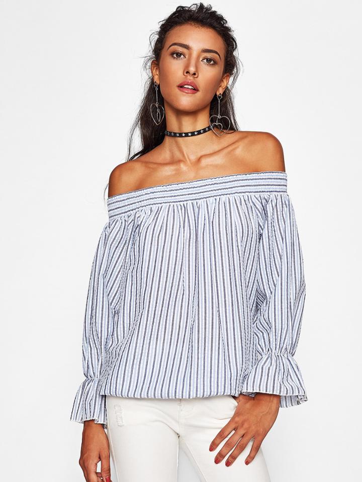 Shein Shirred Bardot Bow Tie Back Vertical Striped Top