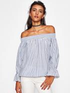 Shein Shirred Bardot Bow Tie Back Vertical Striped Top