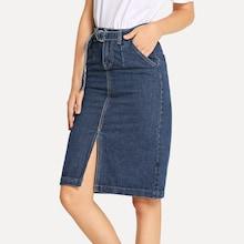 Shein Solid Belt Split Front Denim Skirt