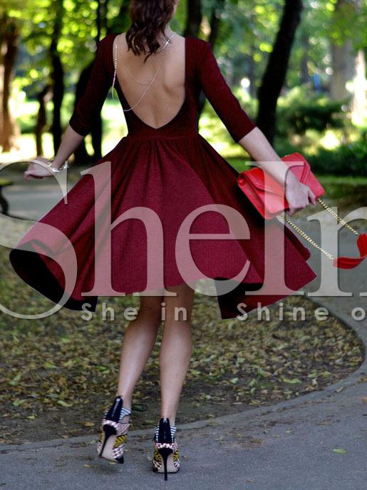 Shein Burgundy Backless Flare Dress