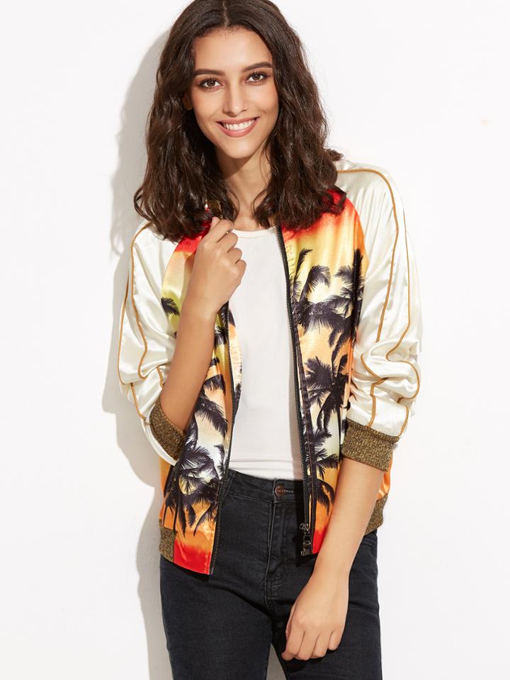 Shein Multicolor Coconut Tree Print Satin Bomber Jacket