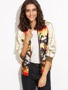 Shein Multicolor Coconut Tree Print Satin Bomber Jacket
