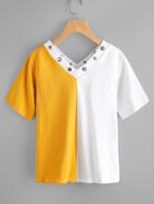 Shein Two Tone Double V Grommet Detail Tee