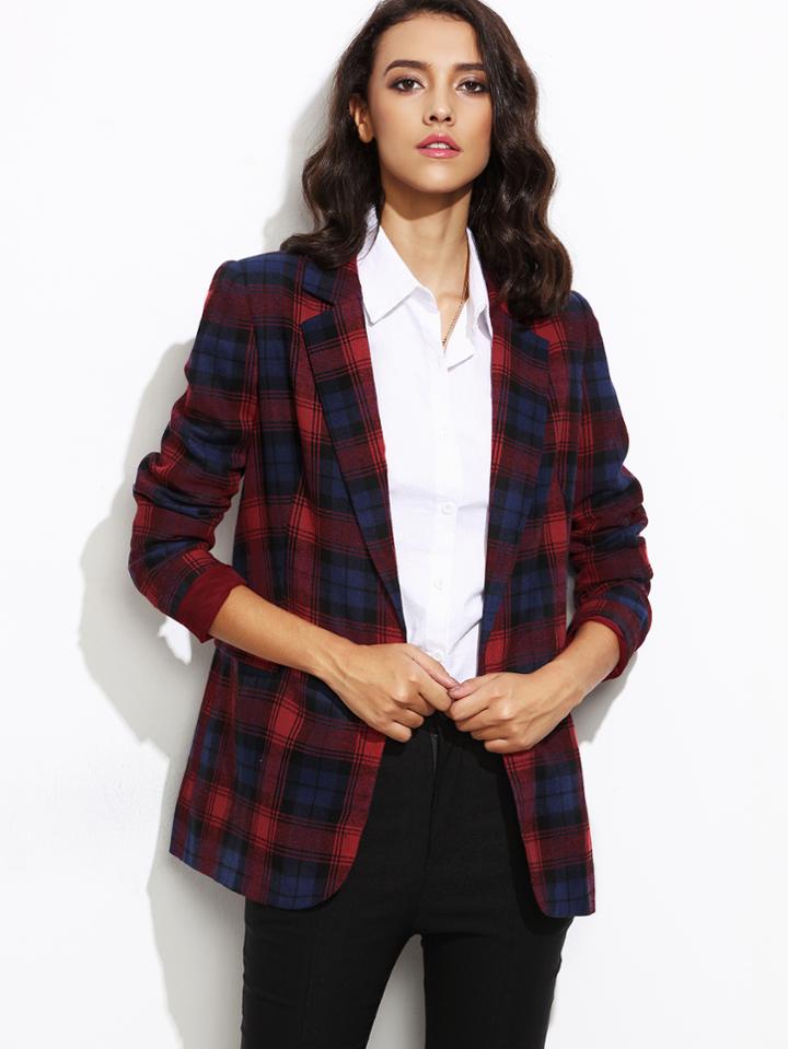 Shein Red And Navy Open Front Tartan Blazer