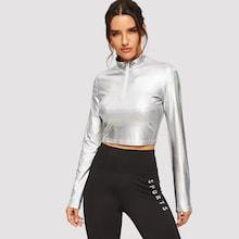 Shein Zip Half Placket Metallic Top