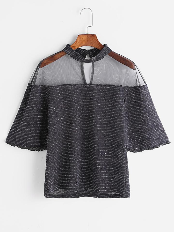 Shein Black Sheer Mesh Insert Keyhole Back Blouse