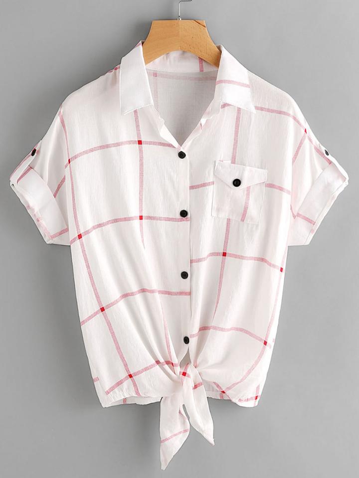 Shein Checked Knot Front Cuffed Shirt With Chest Pocket