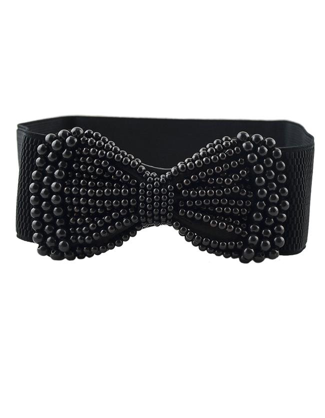 Shein Black Pu Leather Imitation Pearl Bow Shape Wide Fashion Waist Belt