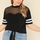 Shein Plus Mesh Shoulder Striped Sleeve Knot Front Tee