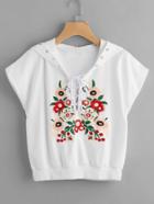 Shein Flower Embroidered Cap Sleeve Grommet Lace Up Hoodie