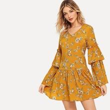 Shein Flower Print V-neck Bell Sleeve Dress
