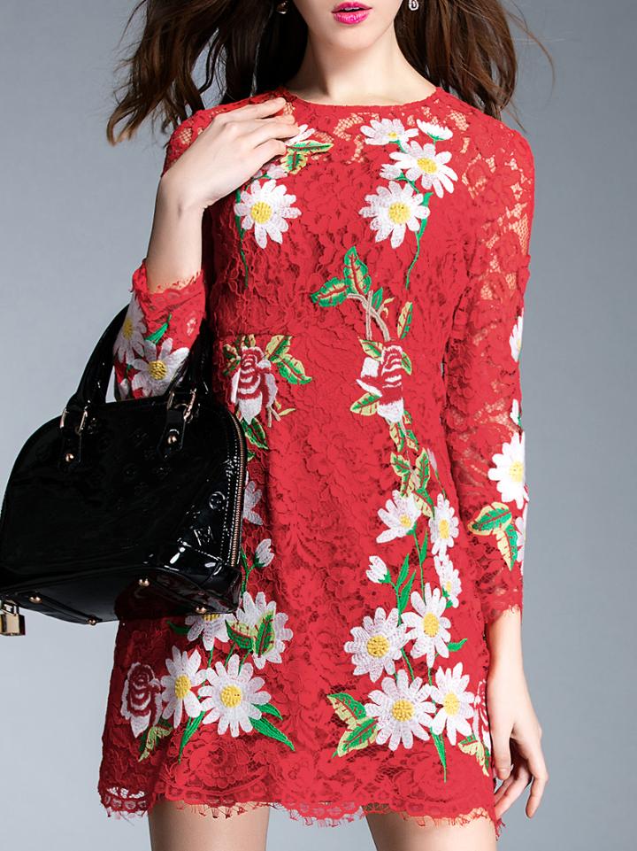 Shein Red Round Neck Long Sleeve Lace Embroidered Dress