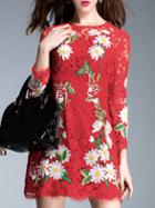 Shein Red Round Neck Long Sleeve Lace Embroidered Dress
